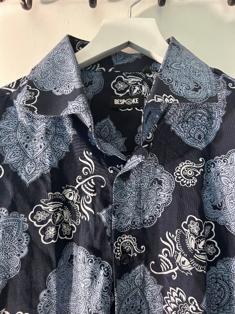 Bespoke Men’s Medium Navy Blue Paisley Cotton Button-Down Shirt
